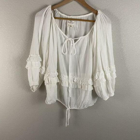 Denim & Supply Womens S White Peasant Ruffle Crepe Tie Neck And Hem Blouse - Picture 1 of 4